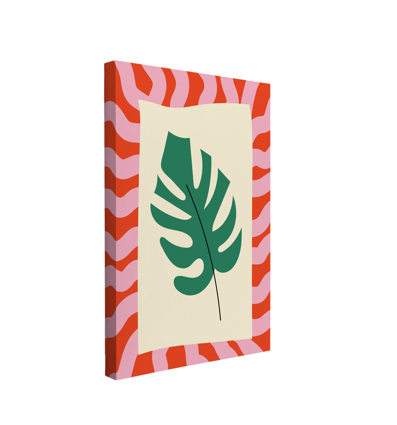 Single, 2:3 vertical easy to hang canvas prints on a transparent background featuring an image of single green Monsterra Leaf graphic on yellow rectangle, on a orange and light purple zebra stripe print background