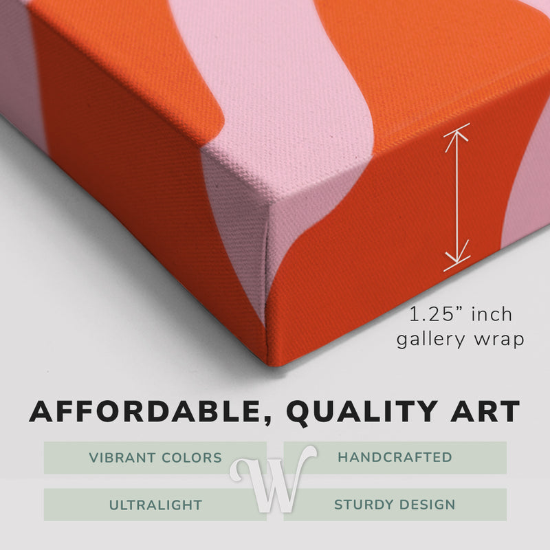 Corner shot of a Whelhung easy to hang canvas print showing the 1.25" inch gallery wrap thickness and graphic saying "Affordable, Quality Art", "Vibrant Colors", "Handcrafted", "Ultralight" and "Sturdy Design."