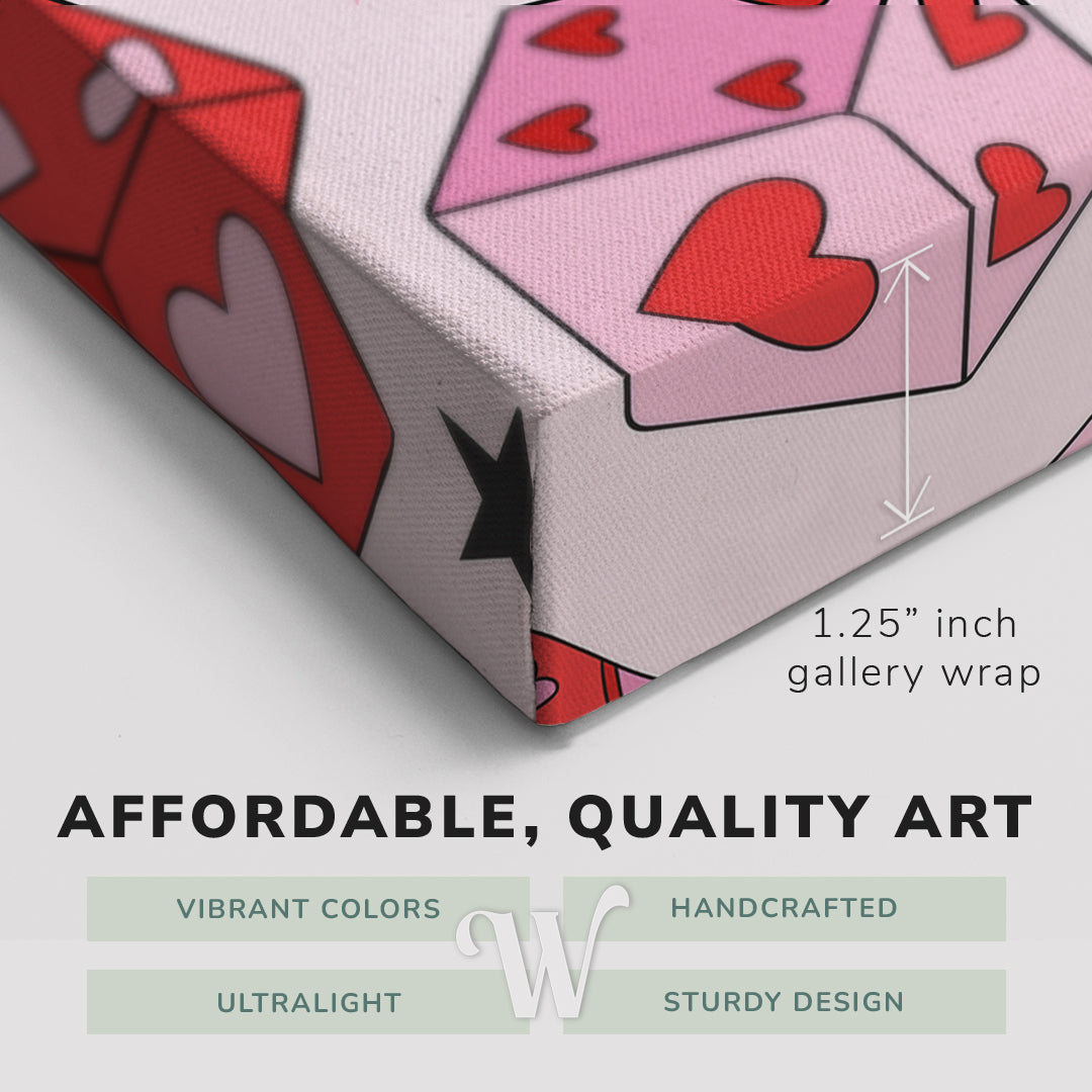 Corner shot of a Whelhung easy to hang canvas print showing the 1.25" inch gallery wrap thickness and graphic saying "Affordable, Quality Art", "Vibrant Colors", "Handcrafted", "Ultralight" and "Sturdy Design."
