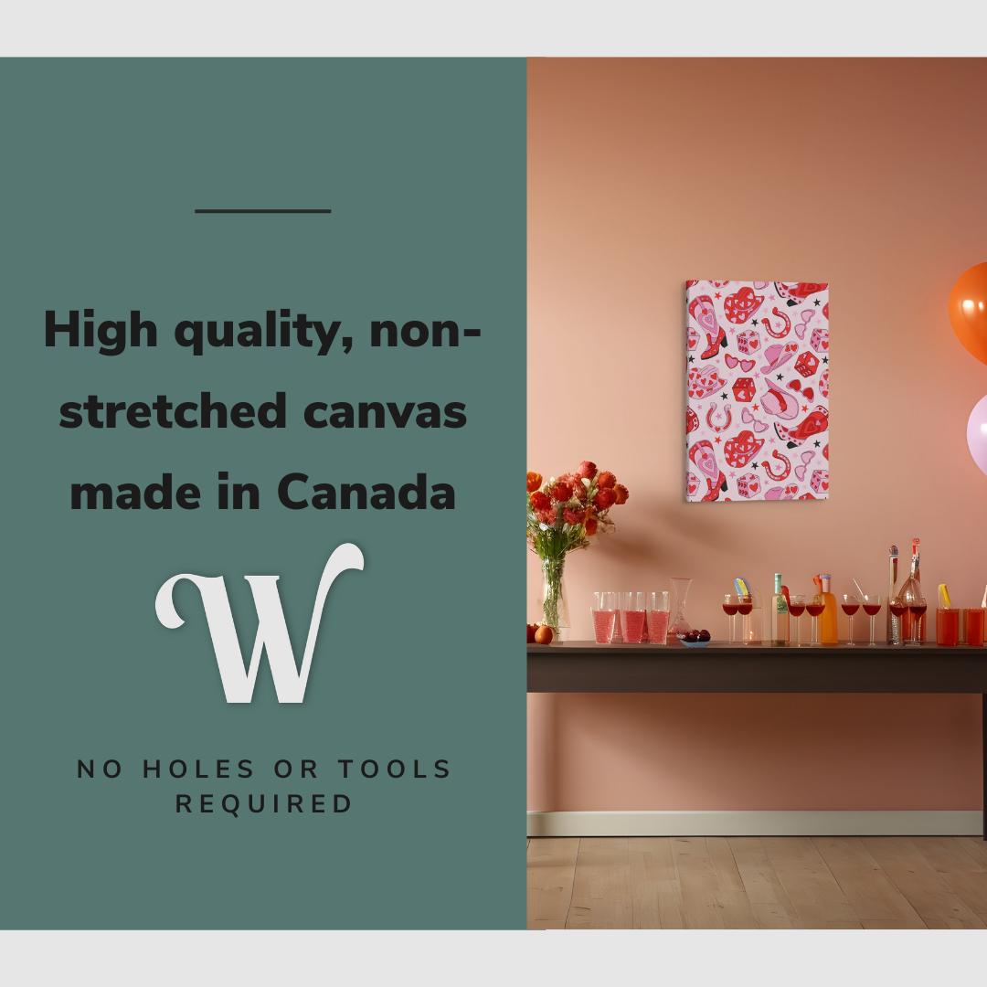 Lifestyle image of the vertical, 20x30 inch easy to hang canvas wall art hung in in a party room hung above the drink table or bar cart with graphic saying "High quality, non-stretched canvas made in Canada"