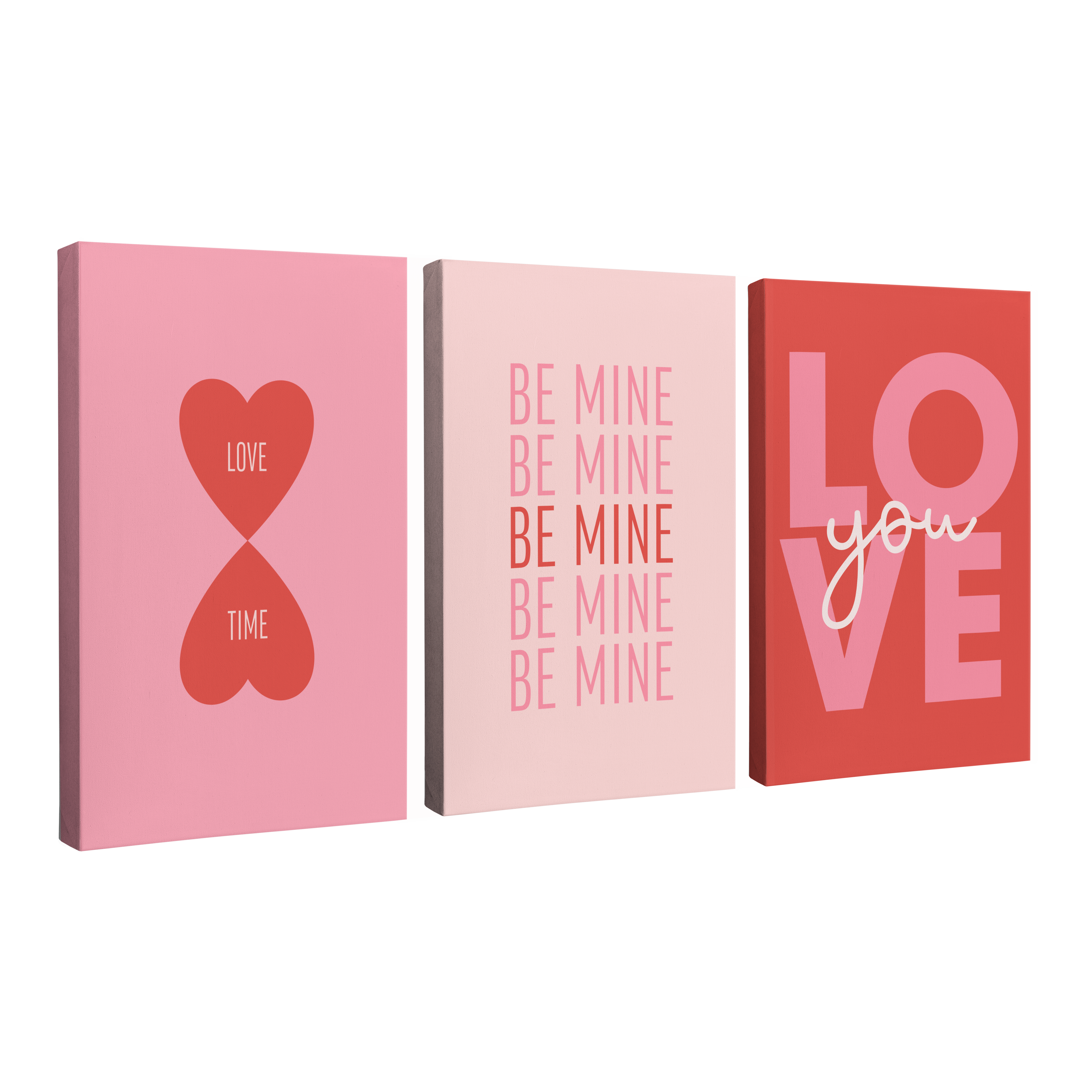 3 Panel, 2:3 vertical easy to hang canvas print on a transparent background featuring an image of three panels that are different shades of pink or red, with red hearts, "Be Mine" and "Love You"