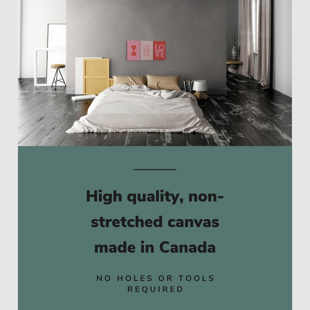 Lifestyle image of the vertical, 18x36 inch easy to hang canvas wall art hung in a bedroom hung above the bed with graphic saying "High quality, non-stretched canvas made in Canada"