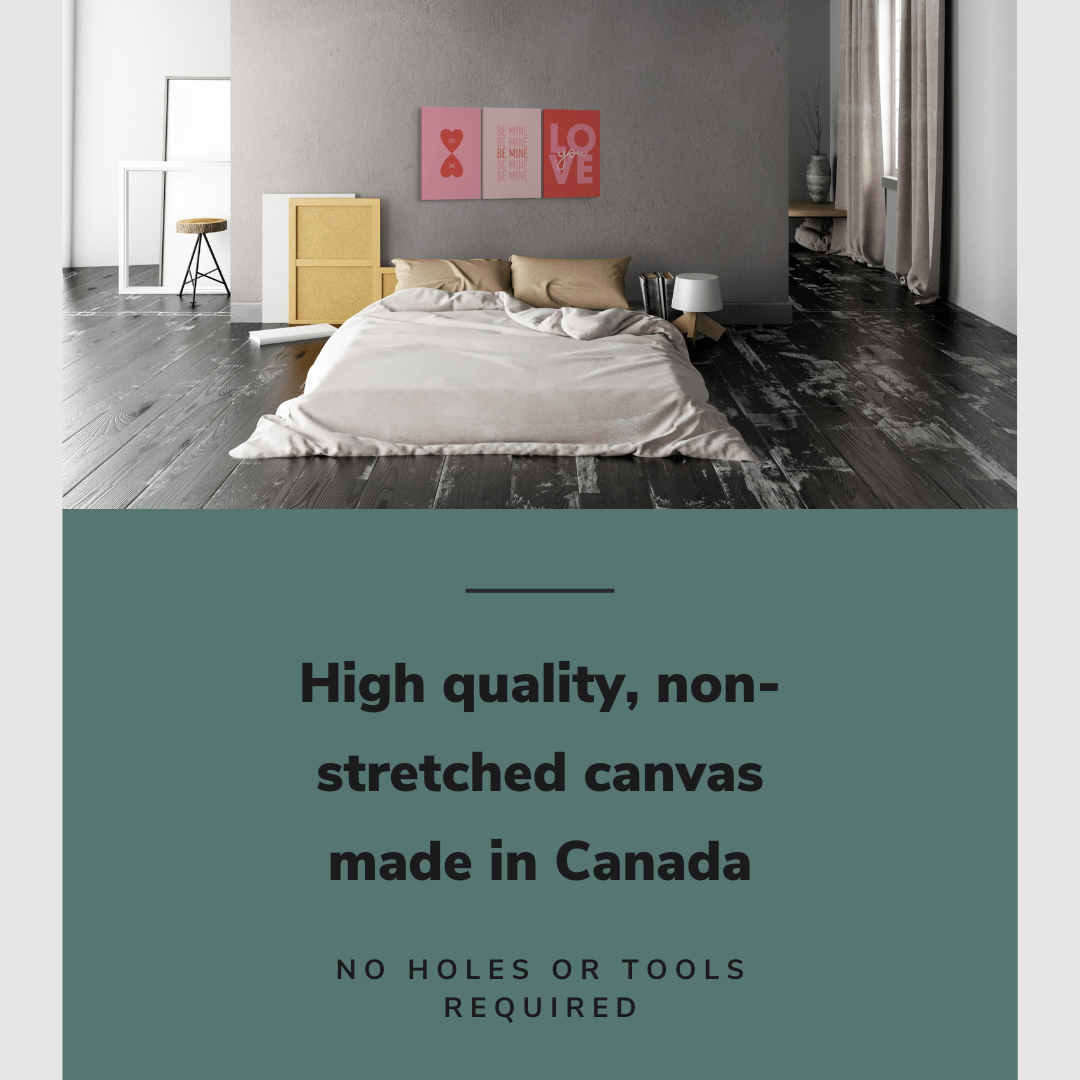 Lifestyle image of the vertical, 24x48 inch easy to hang canvas wall art hung in a bedroom hung above the bed with graphic saying "High quality, non-stretched canvas made in Canada"