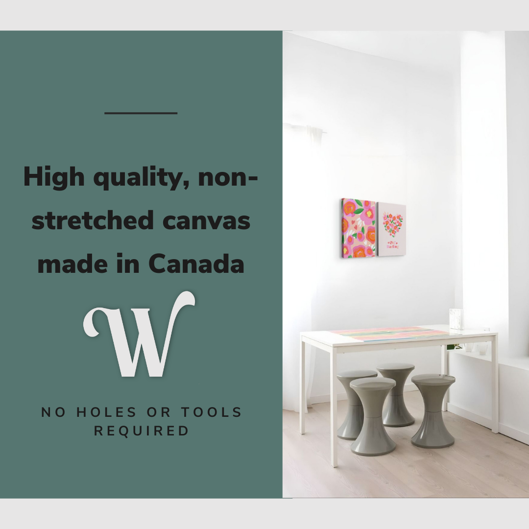 Lifestyle image of the vertical, 18x24 inch easy to hang canvas wall art hung in a minimalist white dining room above the dining room table with graphic saying "High quality, non-stretched canvas made in Canada"