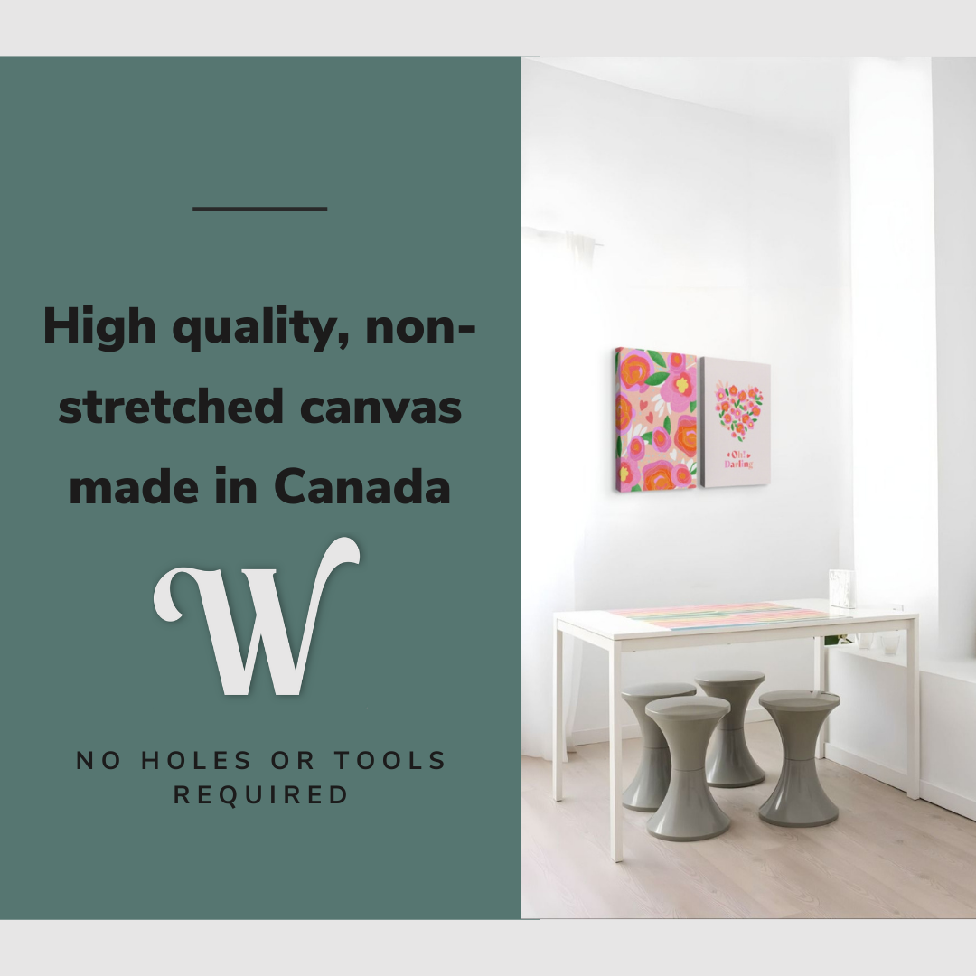 Lifestyle image of the vertical, 24x32 inch easy to hang canvas wall art hung in a minimalist white dining room above the dining room table with graphic saying "High quality, non-stretched canvas made in Canada"