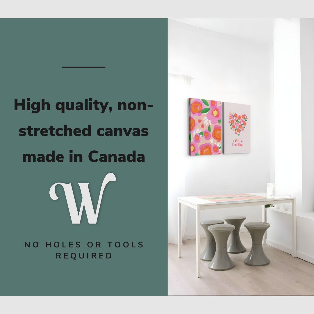 Lifestyle image of the vertical, 30x40 inch easy to hang canvas wall art hung in a minimalist white dining room above the dining room table with graphic saying "High quality, non-stretched canvas made in Canada"