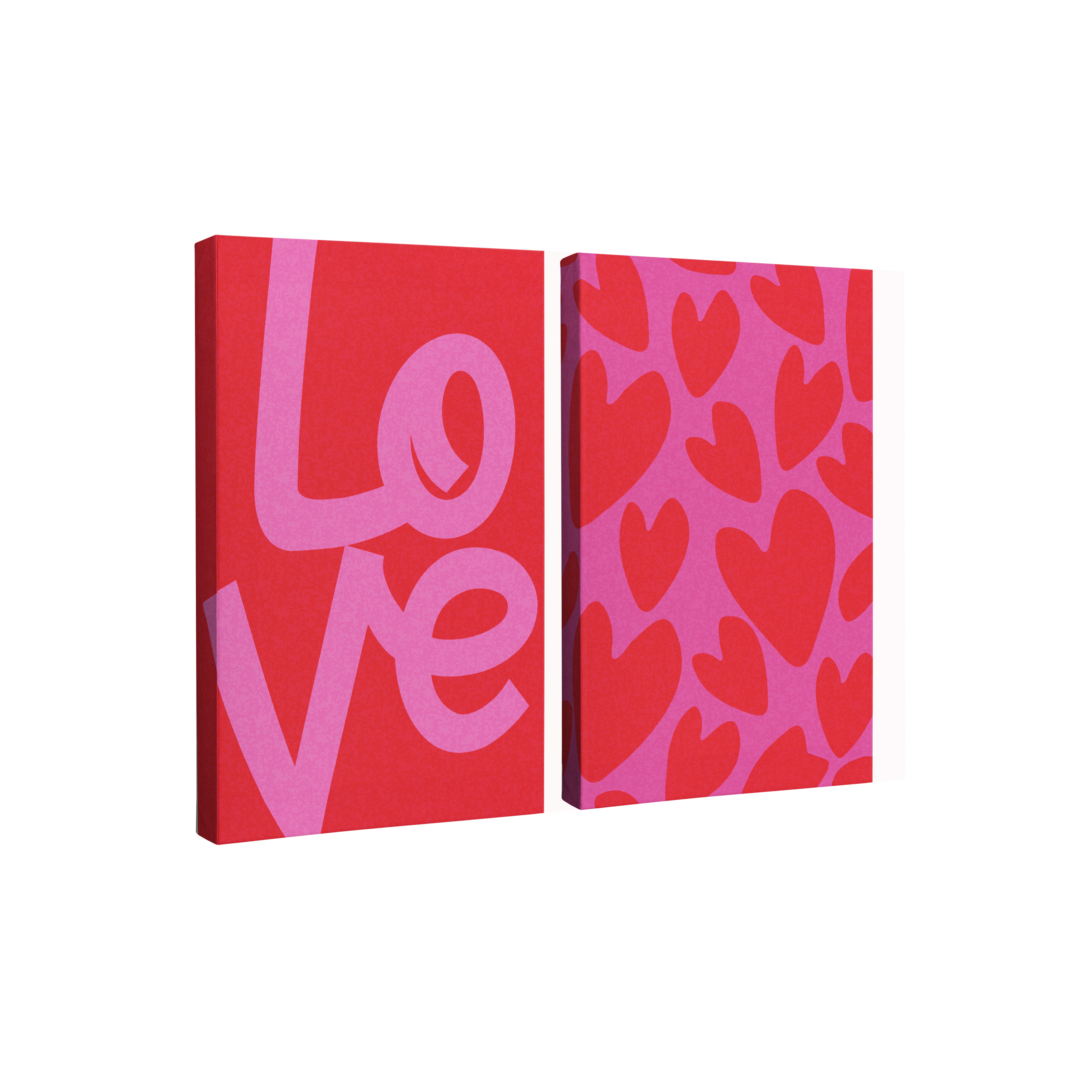 2 Panel, 2:3 vertical easy to hang canvas print on a transparent background featuring an image of the word, "Love" in purple-pink on a red background and red hearts on a purple-pink background