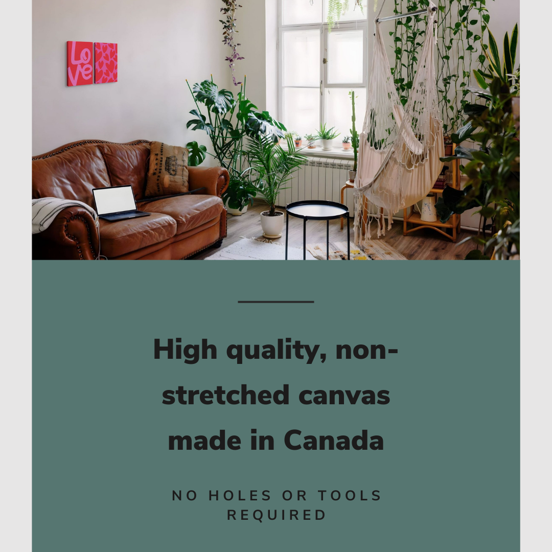 Lifestyle image of the vertical, 18x24 inch easy to hang canvas wall art hung in a maximalist living room with lots of plants hung above a couch with graphic saying "High quality, non-stretched canvas made in Canada"