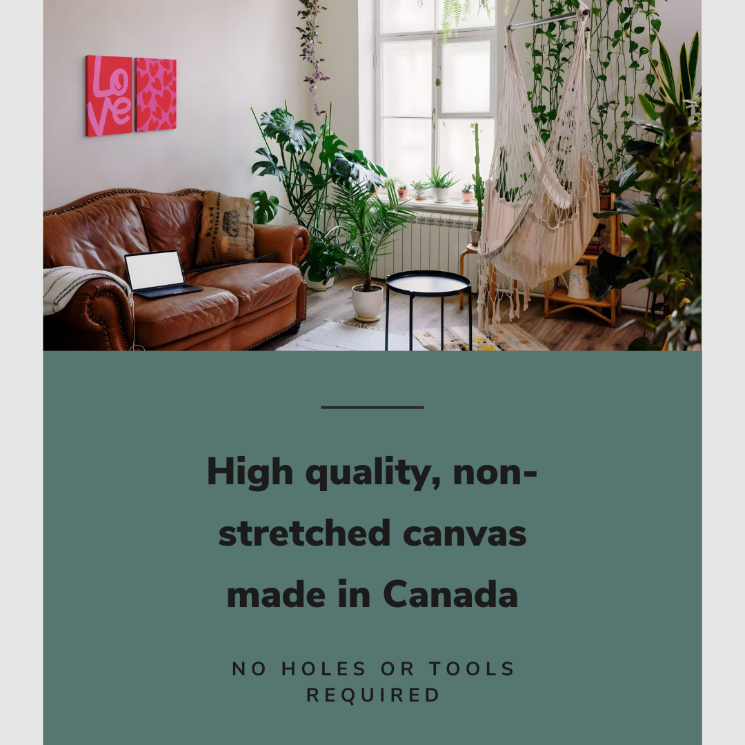 Lifestyle image of the vertical, 24x32 inch easy to hang canvas wall art hung in a maximalist living room with lots of plants hung above a couch with graphic saying "High quality, non-stretched canvas made in Canada"