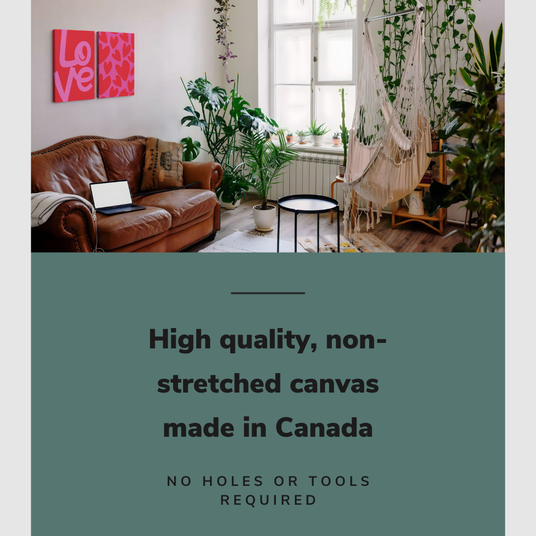 Lifestyle image of the vertical, 30x40 inch easy to hang canvas wall art hung in a maximalist living room with lots of plants hung above a couch with graphic saying "High quality, non-stretched canvas made in Canada"