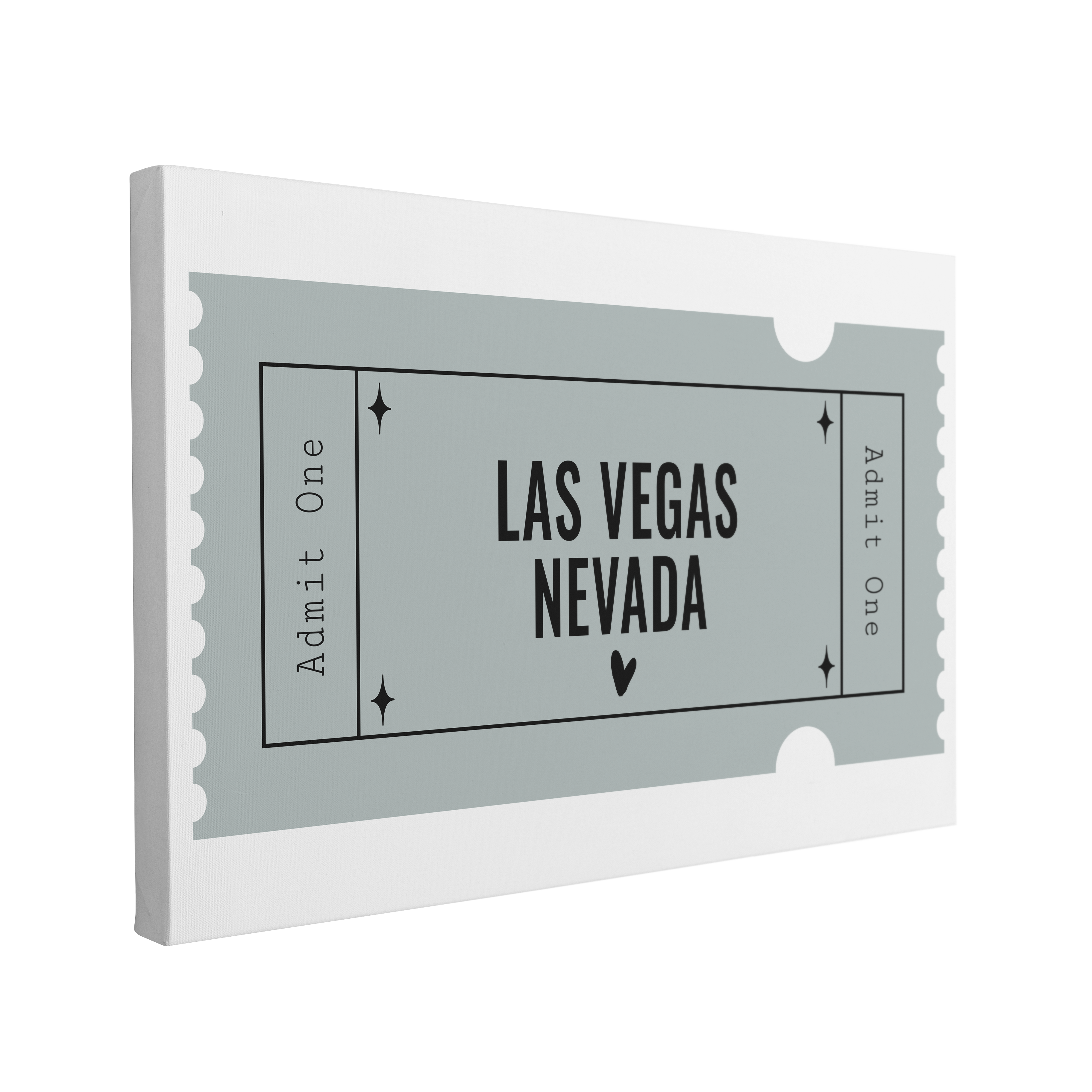 Single, 2:3 horizontal easy to hang canvas print on a transparent background featuring an image of a blue graphic of a Admit One ticket with black font "Las Vegas, Nevada"