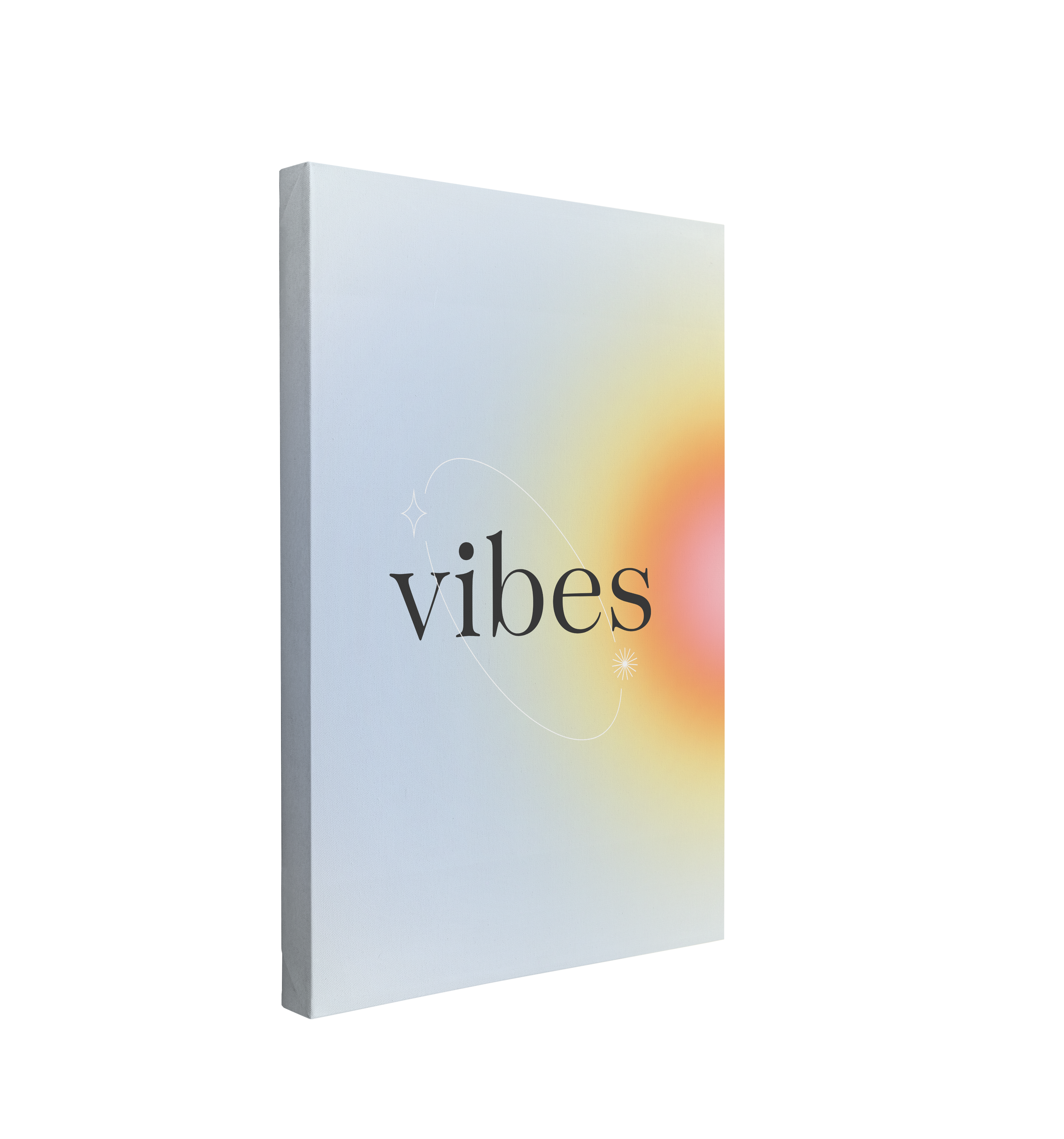 single, 2:3 vertical easy to hang canvas print on a transparent background featuring an image of a large gradient circle, half on the canvas in yellow and orange colors, pulsing on a beige background with the word "vibes" in black in the center