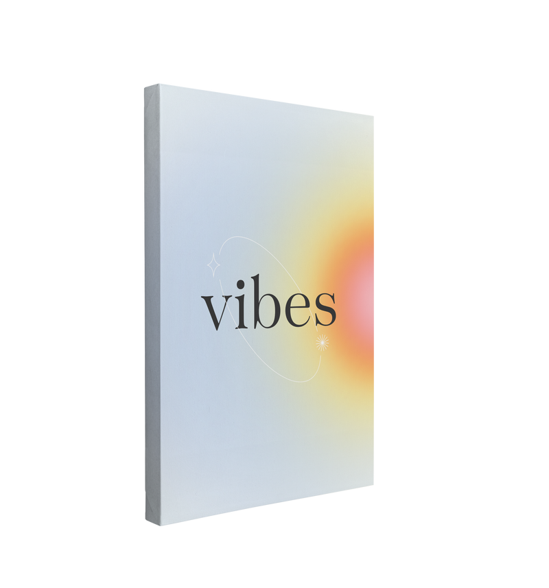 single, 2:3 vertical easy to hang canvas print on a transparent background featuring an image of a large gradient circle, half on the canvas in yellow and orange colors, pulsing on a beige background with the word "vibes" in black in the center