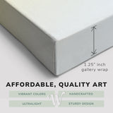 Corner shot of a Whelhung easy to hang canvas print showing the 1.25" inch gallery wrap thickness and graphic saying "Affordable, Quality Art", "Vibrant Colors", "Handcrafted", "Ultralight" and "Sturdy Design."