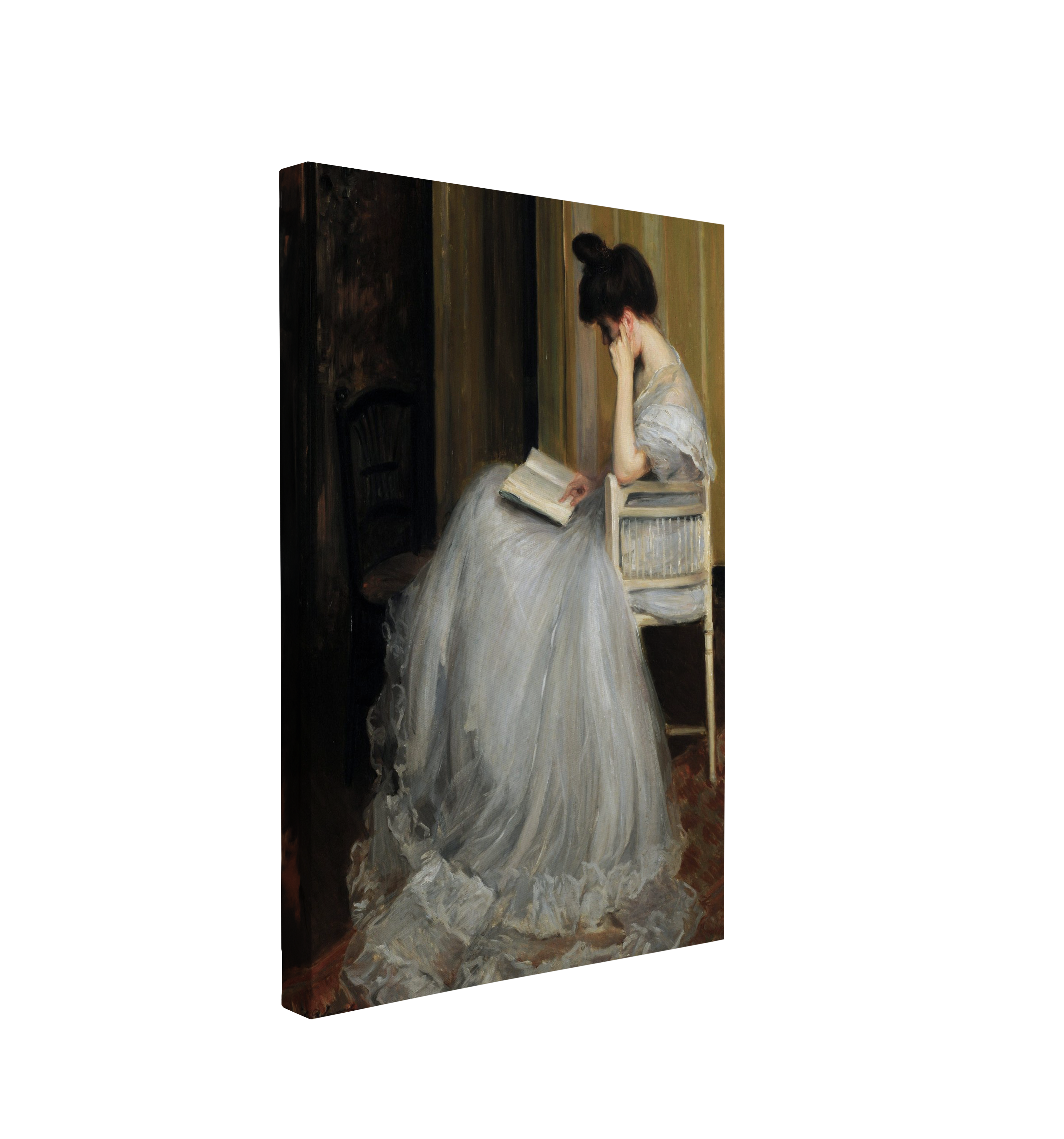 single, 2:3 vertical easy to hang canvas print on a transparent background featuring an image of a painted woman in a beautiful white dress sitting in a farmhouse styled white chair, reading a book