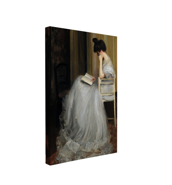 single, 2:3 vertical easy to hang canvas print on a transparent background featuring an image of a painted woman in a beautiful white dress sitting in a farmhouse styled white chair, reading a book