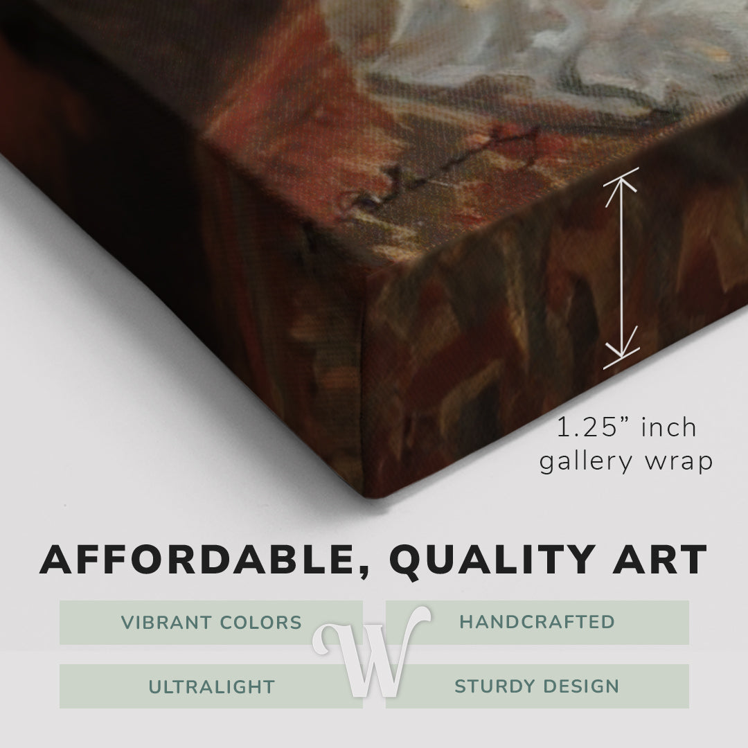 Corner shot of a Whelhung easy to hang canvas print showing the 1.25" inch gallery wrap thickness and graphic saying "Affordable, Quality Art", "Vibrant Colors", "Handcrafted", "Ultralight" and "Sturdy Design."