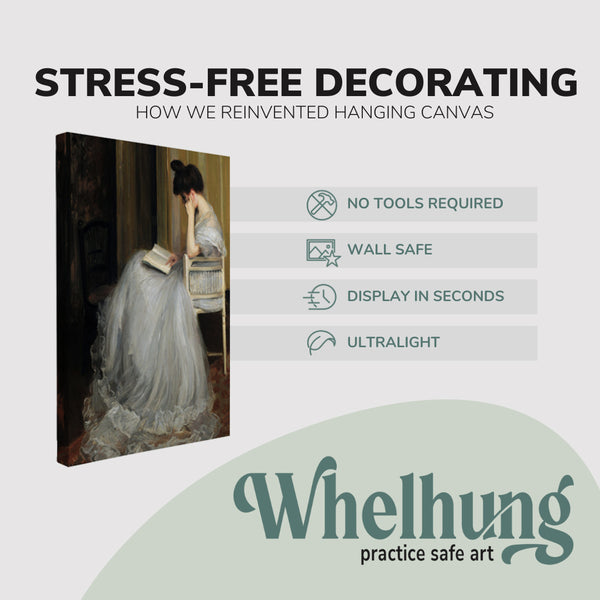 single, 2:3 vertical easy to hang canvas print on a graphic displaying the stress-free decorating Whelhung offers, how we reinvented hanging canvas: "no tools required", "wall safe"", "display in seconds" and "ultralight."