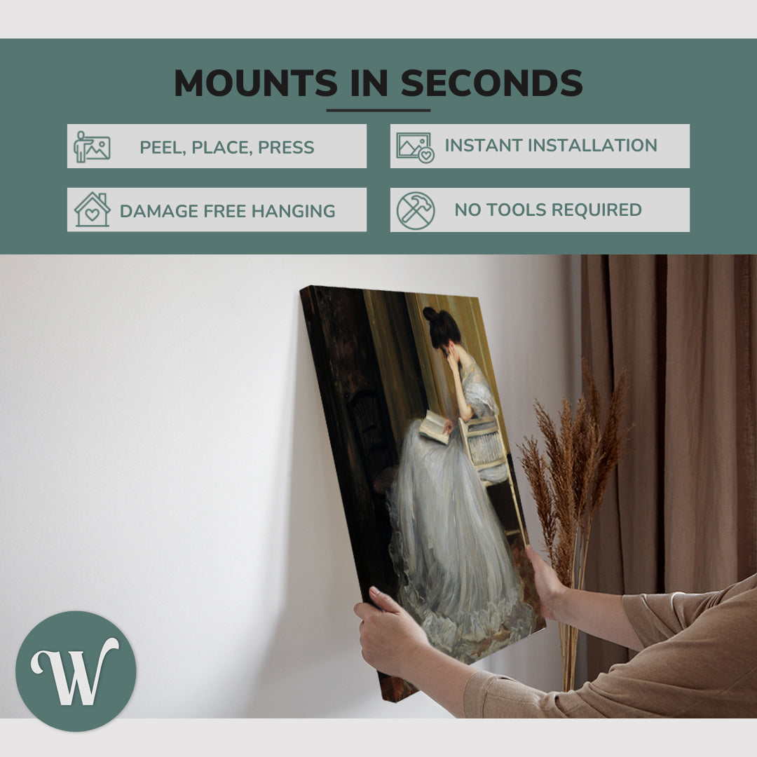 graphic showing hanging a single 2:3 vertical 20x30 inch easy to hang canvas showing how easy it is to hang. Mounts in seconds, "peel, place, press", "instant installation", "damage free hanging" and "no tools required."