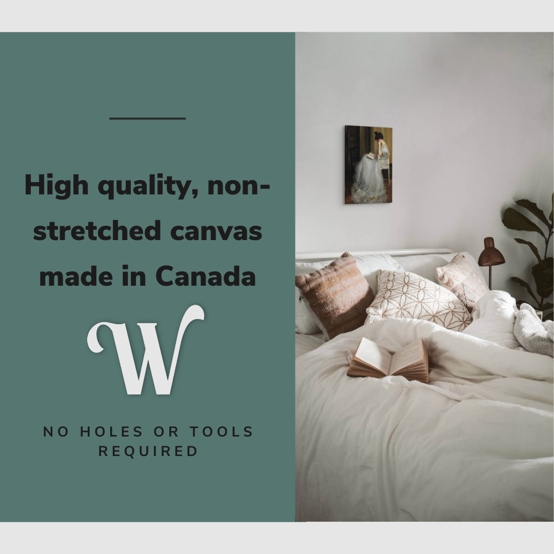 Lifestyle image of the vertical, 12x18 inch easy to hang canvas wall art hung in a cozy bedroom above the bed with graphic saying "High quality, non-stretched canvas made in Canada"