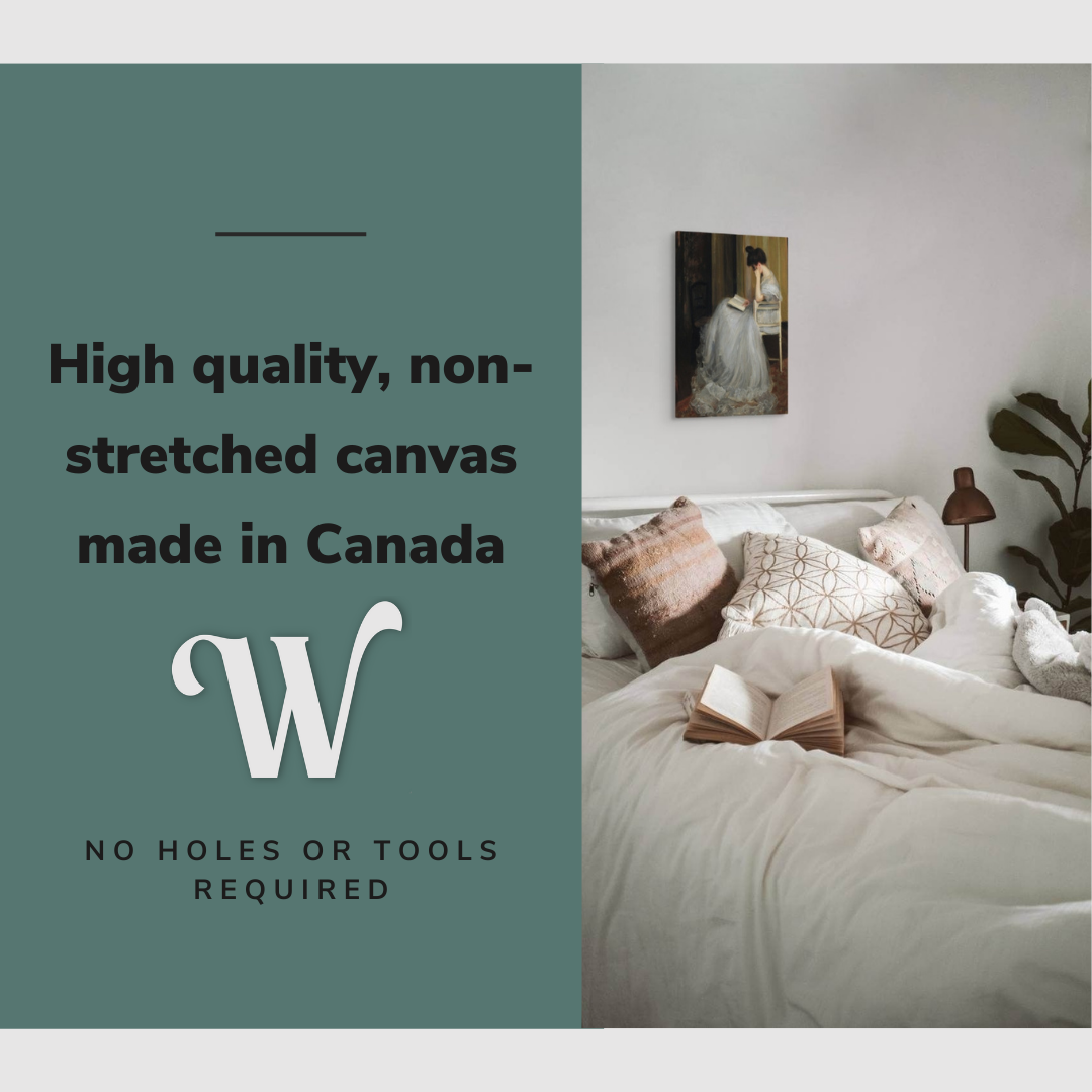 Lifestyle image of the vertical, 16x24 inch easy to hang canvas wall art hung in a cozy bedroom above the bed with graphic saying "High quality, non-stretched canvas made in Canada"