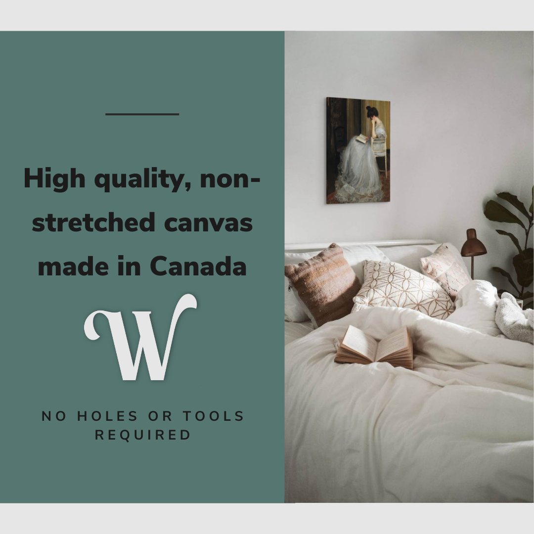 Lifestyle image of the vertical, 20x30 inch easy to hang canvas wall art hung in a cozy bedroom above the bed with graphic saying "High quality, non-stretched canvas made in Canada"