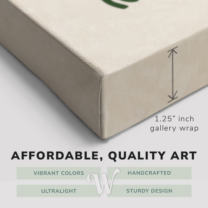 Corner shot of a Whelhung easy to hang canvas print showing the 1.25” inch gallery wrap thickness and graphic saying "Affordable, Quality Art", "Vibrant Colors", "Handcrafted", "Ultralight" and "Sturdy Design."