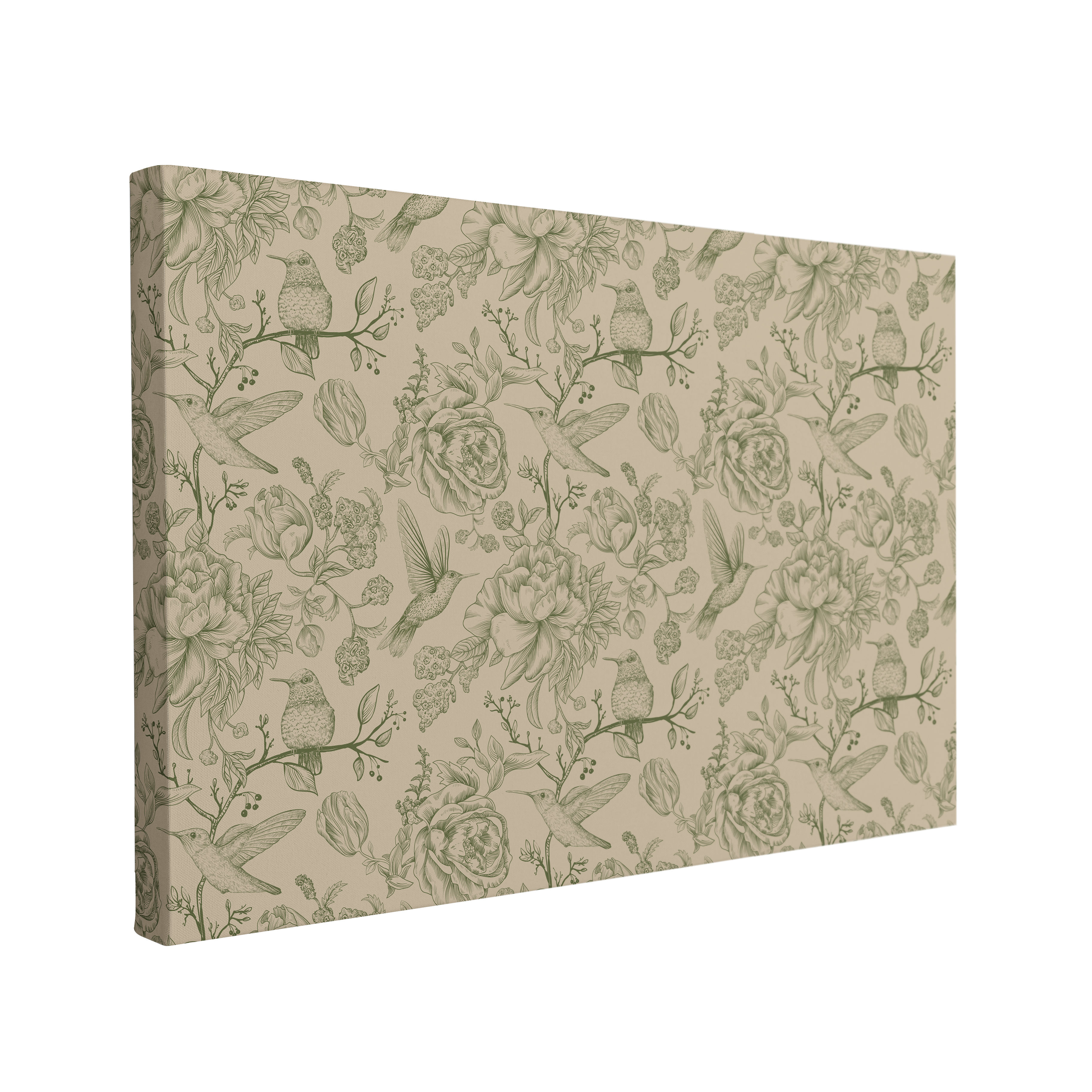 single, 2:3 horizontal easy to hang canvas print on a transparent background featuring an image of a forest green handdrawn pattern of hummingbirds, florals and branches on a light green background