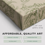 Corner shot of a Whelhung easy to hang canvas print showing the 1.25" inch gallery wrap thickness and graphic saying "Affordable, Quality Art", "Vibrant Colors", "Handcrafted", "Ultralight" and "Sturdy Design."