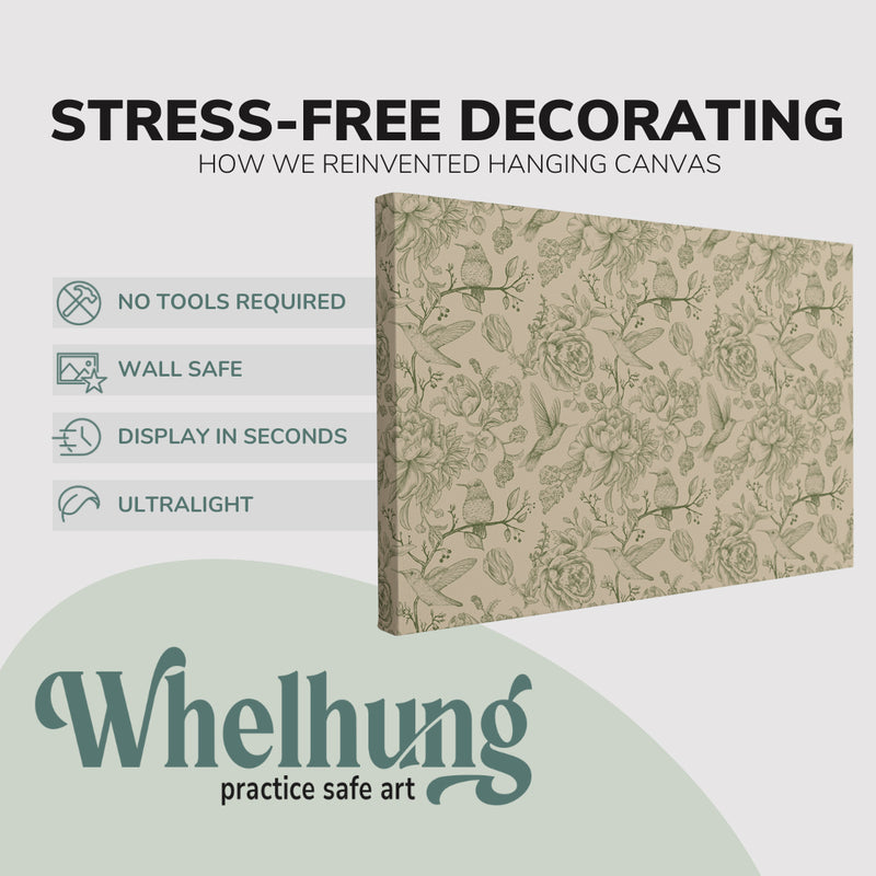 single, 2:3 horizontal easy to hang canvas print on a graphic displaying the stress-free decorating Whelhung offers, how we reinvented hanging canvas: "no tools required", "wall safe"", "display in seconds" and "ultralight."