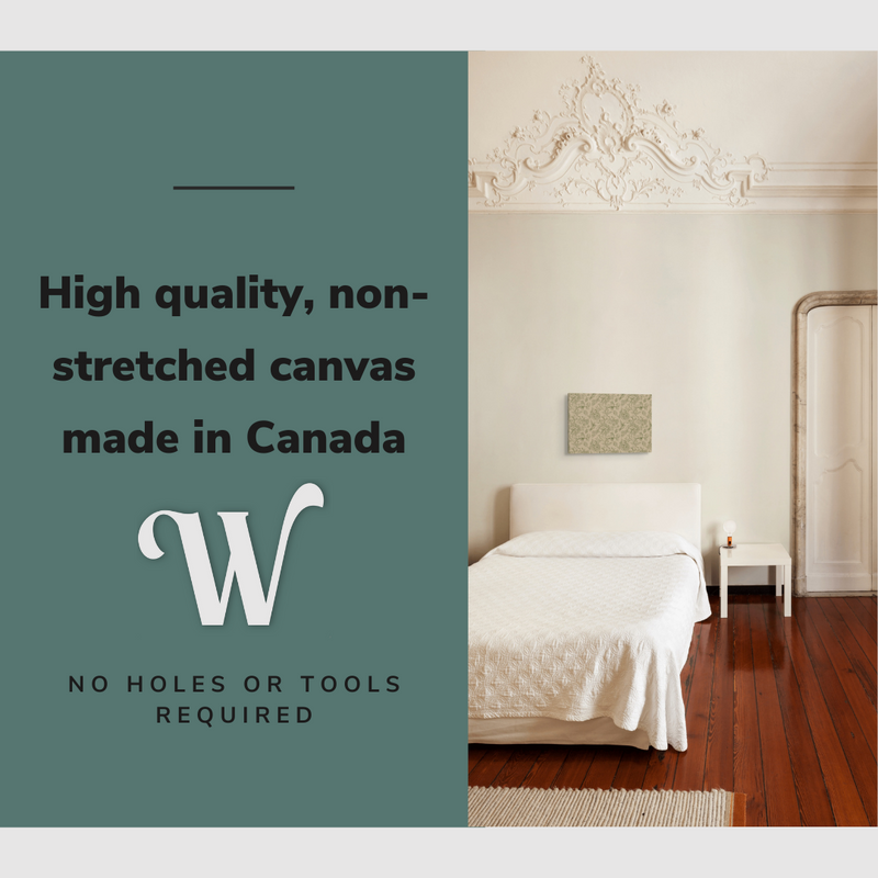 Lifestyle image of the horizontal, 12x18 inch easy to hang canvas wall art hung in a clean, plain guest bedroom above the bed with graphic saying "High quality, non-stretched canvas made in Canada"