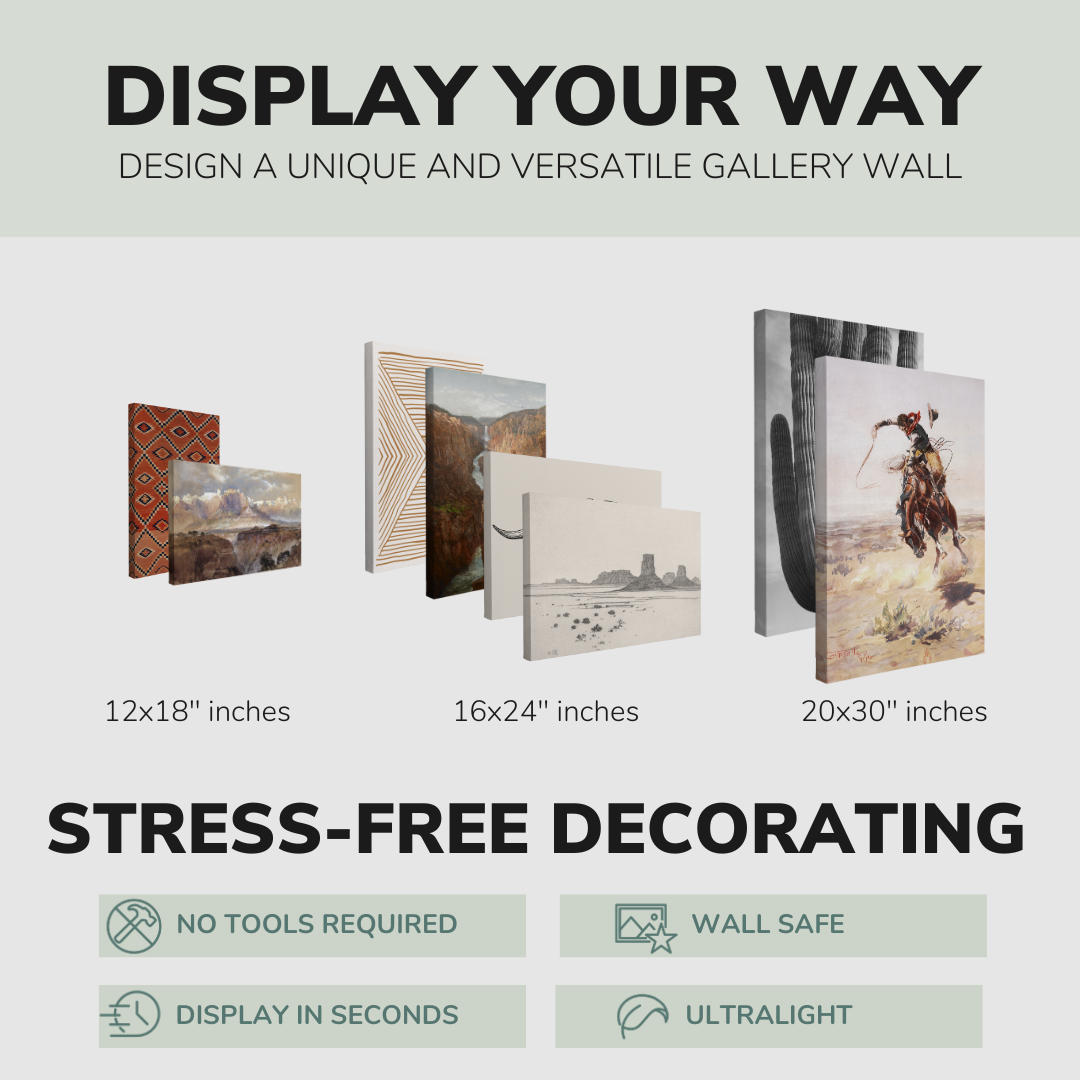 Set of 8”, 2:3 easy to hang canvas prints on a graphic displaying the sizes (12x18”, 16x24” or 20x30”) of the four canvases offered in this pack. Also includes bullets on the stress-free decorating Whelhung offers, "no tools required", "wall safe", "display in seconds" and "ultralight."