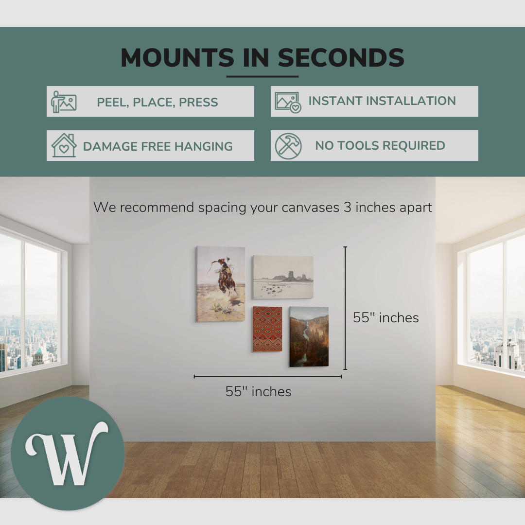 graphic showing a lifestyle of the 4 pack canvases on a blank white wall with the overall size of the gallery wall, 55x55" inches. Says: “Mounts in seconds”, and the bullets: "peel, place, press", "instant installation", "damage free hanging" and "no tools required."