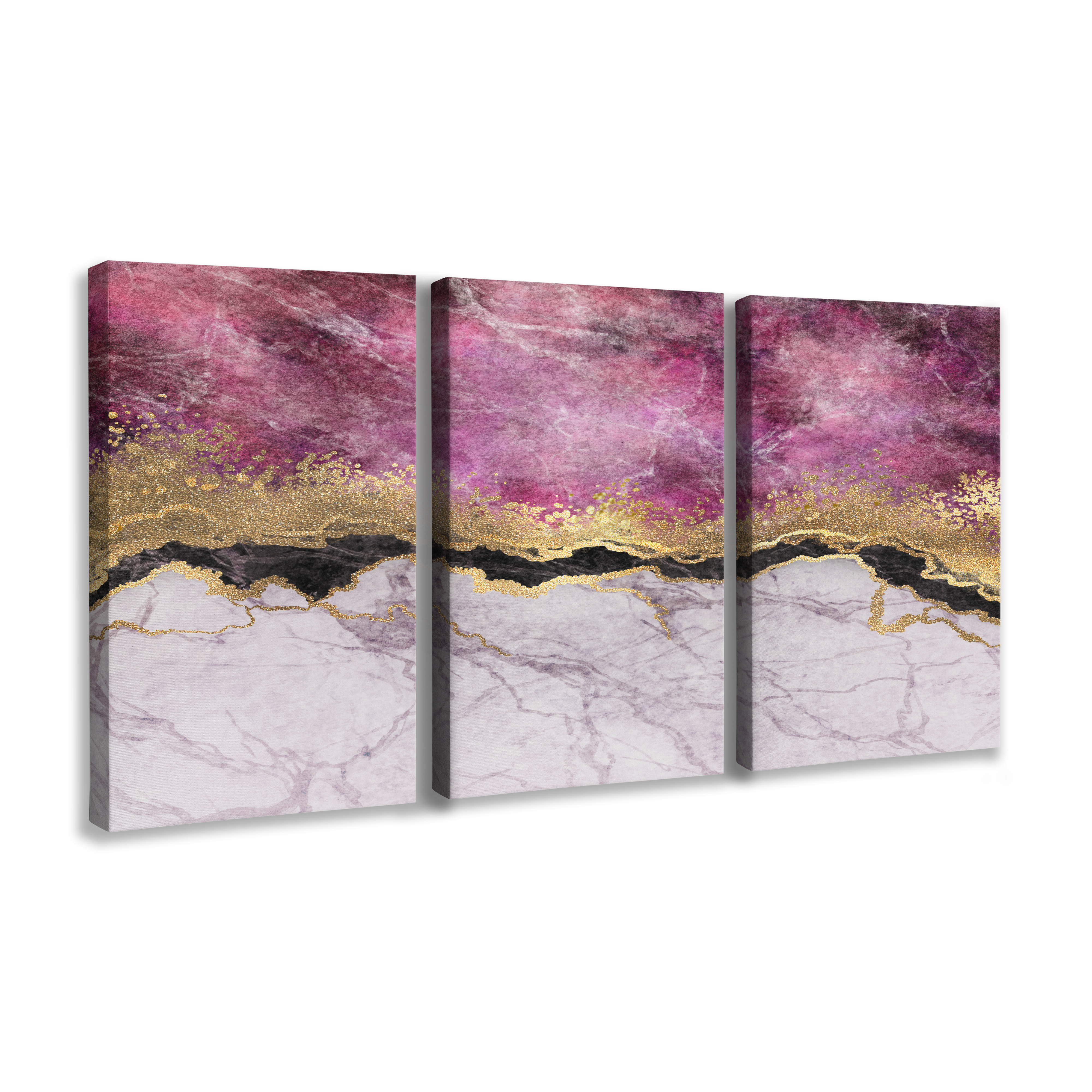 Abstract Pink and Gold Marble 3 Panel - Canvas Print Wall Art Décor Whelhung