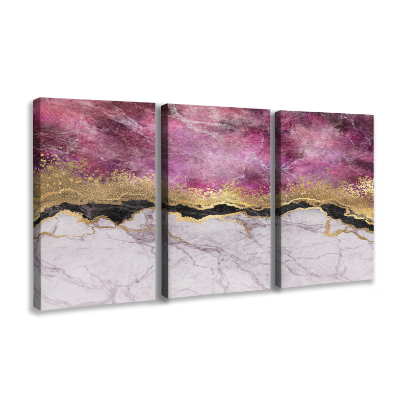 Abstract Pink and Gold Marble 3 Panel - Canvas Print Wall Art Décor Whelhung