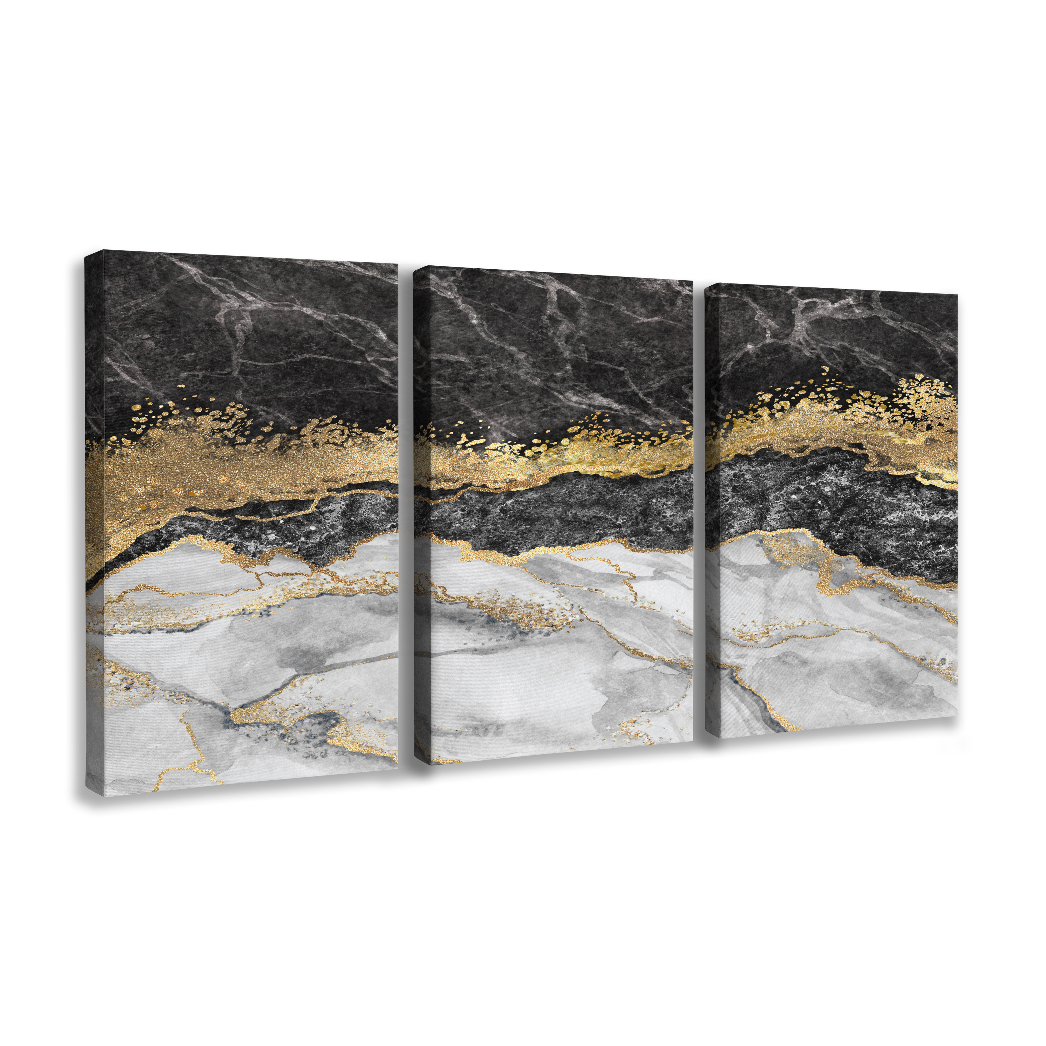 Abstract Black and Gold Marble 3 Panel - Canvas Print Wall Art Décor Whelhung