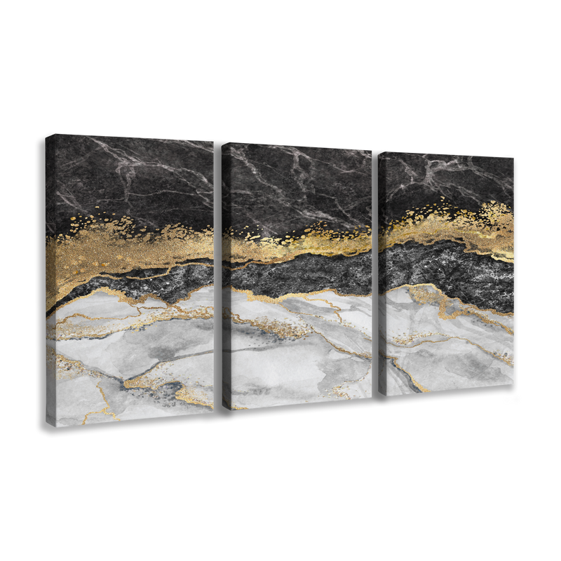 Abstract Black and Gold Marble 3 Panel - Canvas Print Wall Art Décor Whelhung