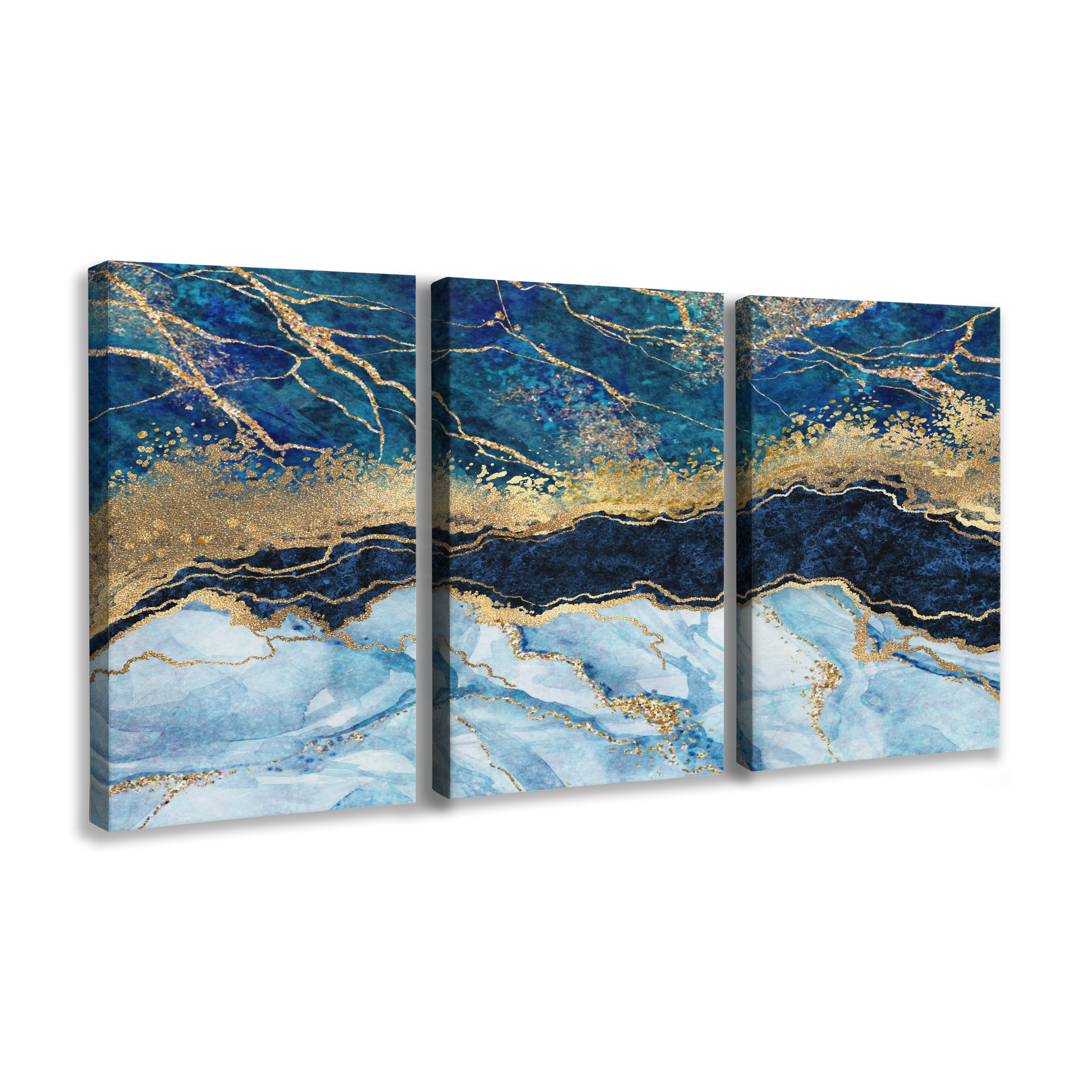 Abstract Blue and Gold Marble 3 Panel - Canvas Print Wall Art Décor Whelhung