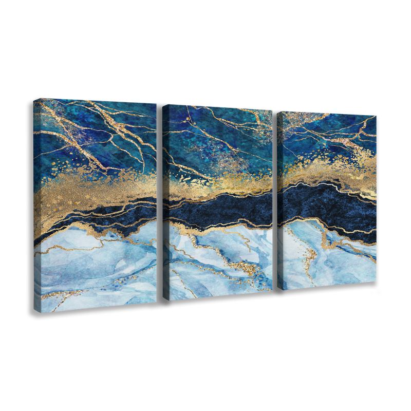 Abstract Blue and Gold Marble 3 Panel - Canvas Print Wall Art Décor Whelhung