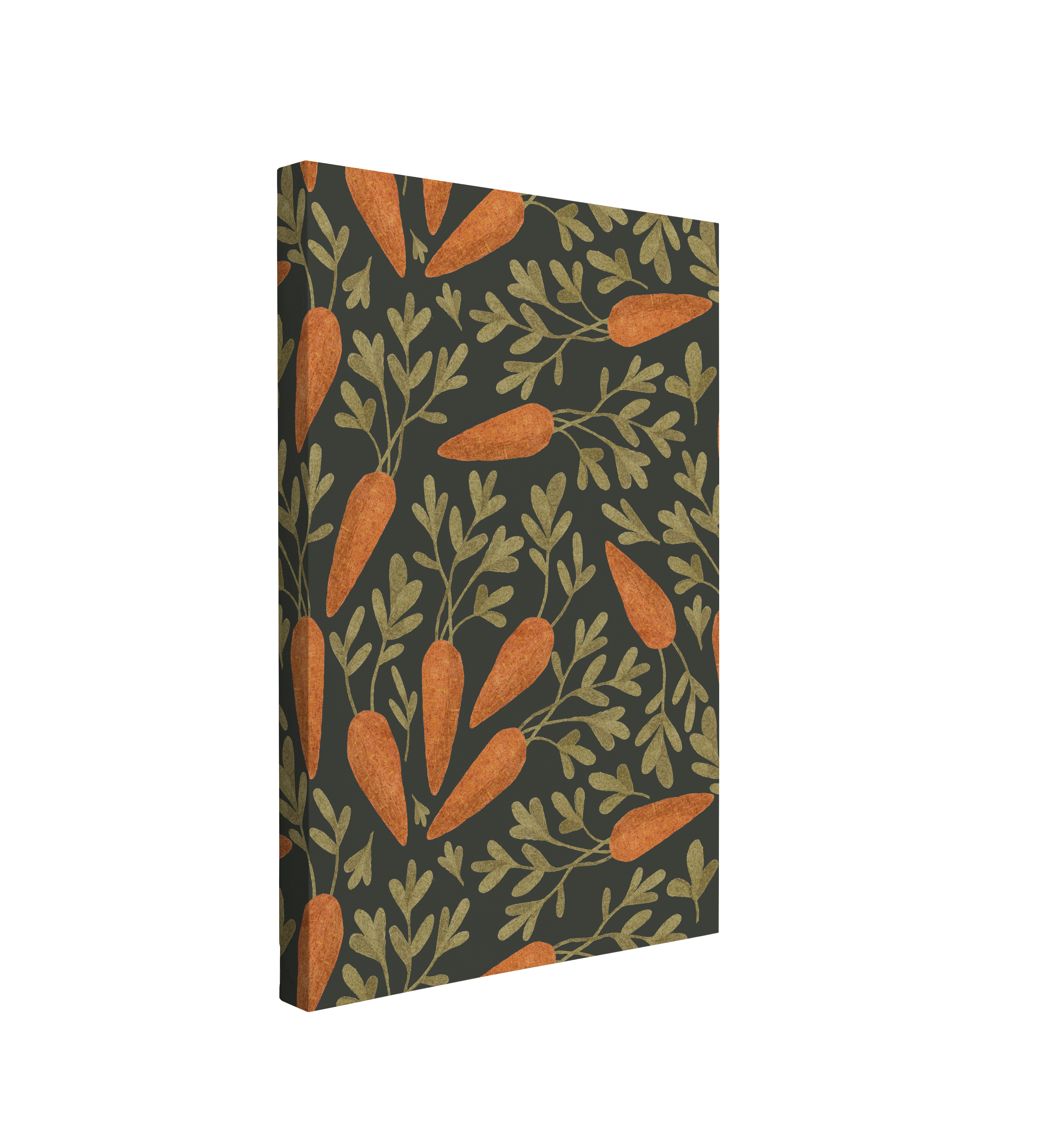 single, 2:3 vertical easy to hang canvas print on a transparent background featuring an image of graphic eatercolor pattern of orange carrots with green stems on a dark grey background