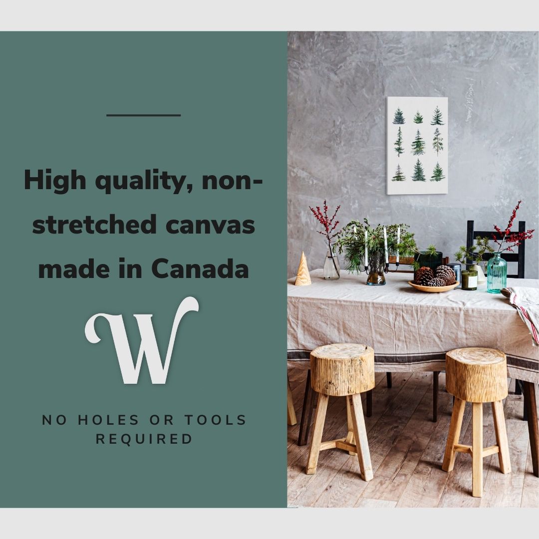 Lifestyle image of the vertical, 16x24 inch easy to hang canvas wall art hung in in a christmas decorated dining room above the dining table with graphic saying "High quality, non-stretched canvas made in Canada"
