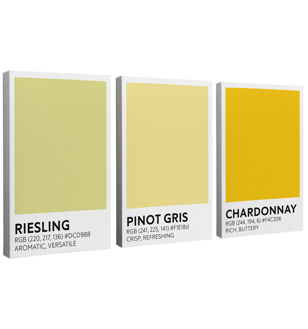 single, 2:3 vertical easy to hang canvas print on a transparent background featuring an image of three different shades of yellow color swatches labeled "Riesling", "Pinot Gris" and "Chardonnay" with the RBG code and short taste descriptions