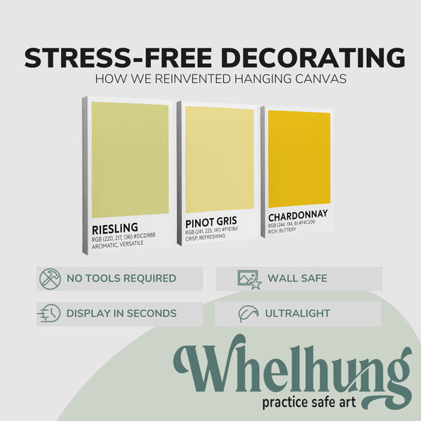 single, 2:3 vertical easy to hang canvas print on a graphic displaying the stress-free decorating Whelhung offers, how we reinvented hanging canvas: "no tools required", "wall safe"", "display in seconds" and "ultralight."