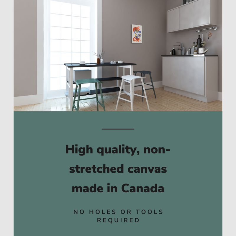 Lifestyle image of the 12x18" inch, vertical easy to hang canvas wall art hung  in a kitchen above a dining room table with graphic saying "High quality, non-stretched canvas made in Canada."