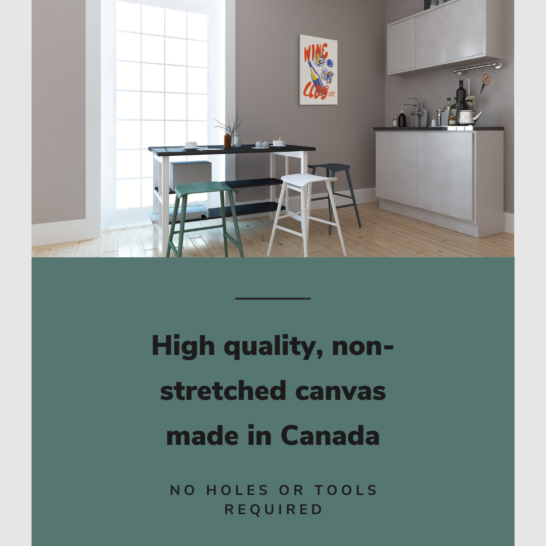 Lifestyle image of the 20x30" inch, vertical easy to hang canvas wall art hung in a kitchen above a dining room table with graphic saying "High quality, non-stretched canvas made in Canada"