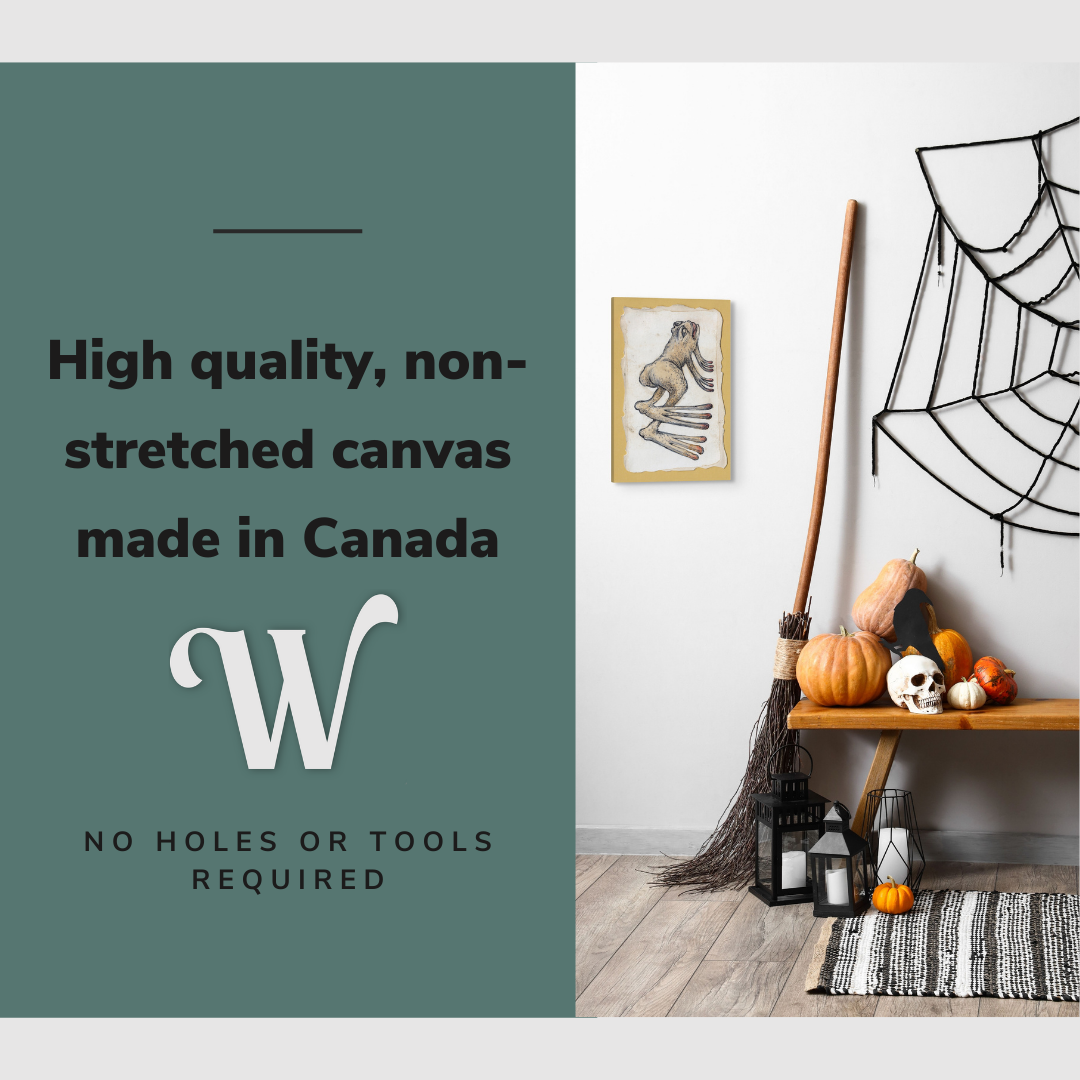 Lifestyle image of the vertical 12x18” inch easy to hang canvas wall art hung in a Halloween decorated foyer above a bench with graphic saying "High quality, non-stretched canvas made in Canada."