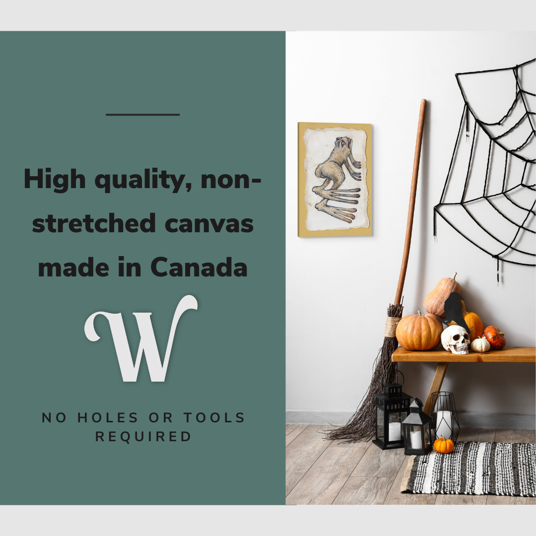 Lifestyle image of the vertical 16x24” inch easy to hang canvas wall art hung in a Halloween decorated foyer above a bench with graphic saying "High quality, non-stretched canvas made in Canada."