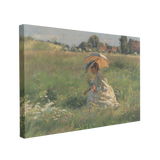 single, 2:3 horizontal easy to hang canvas print on a transparent background featuring an image of a painted woman dressed in white, bent over to pick flowers whilst holding a yellow parasol in a large beautiful green meadow overseeing the french countryside 