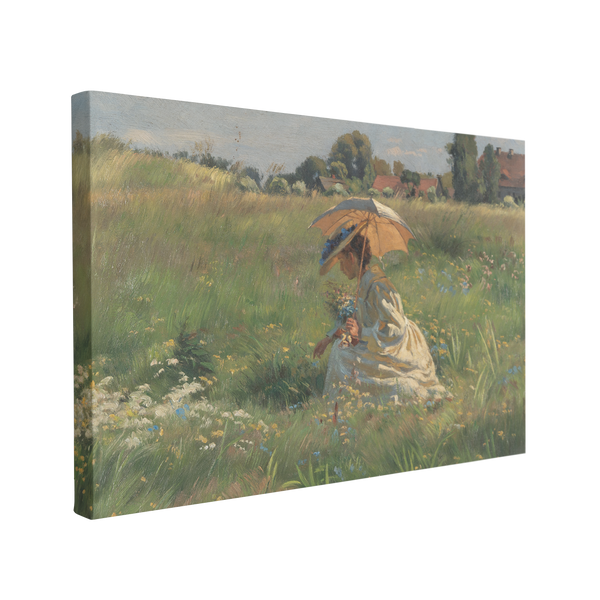 single, 2:3 horizontal easy to hang canvas print on a transparent background featuring an image of a painted woman dressed in white, bent over to pick flowers whilst holding a yellow parasol in a large beautiful green meadow overseeing the french countryside 