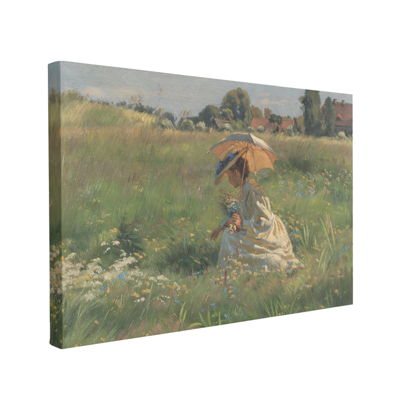 single, 2:3 horizontal easy to hang canvas print on a transparent background featuring an image of a painted woman dressed in white, bent over to pick flowers whilst holding a yellow parasol in a large beautiful green meadow overseeing the french countryside 